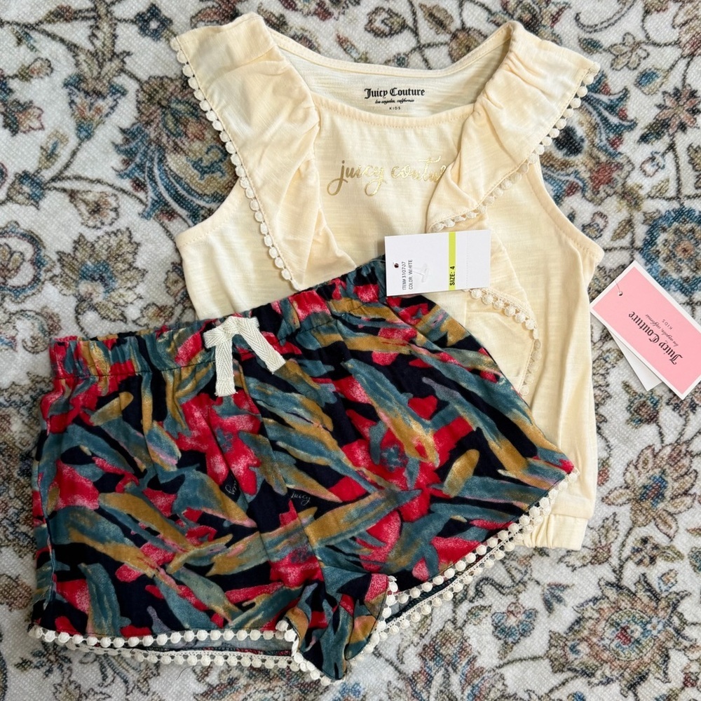 New Juicy Couture Little Girl’s Tropical Boho Outfit Ruffle Top & Pom Shorts Set